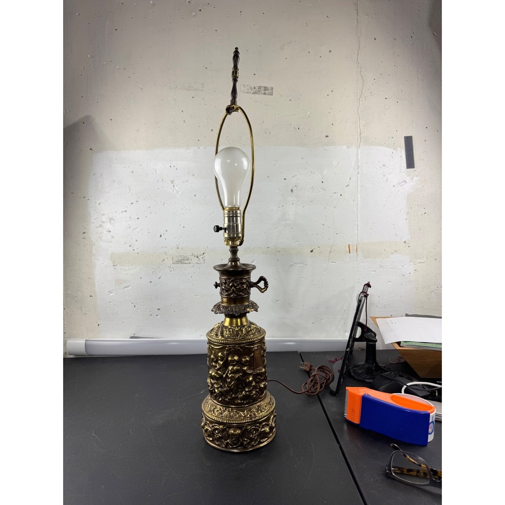 Vintage Westwood Industries Brass Cherub Putti Relief Table Lamp Ornate 26 inch